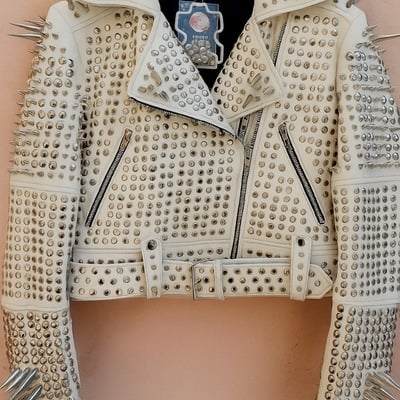 Crafted leather classy women white leather studded jacket with silver studs and spikes - Thumbnail 1