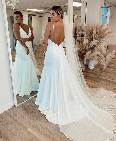 A-Line V Neck Spaghetti Straps White Satin Wedding Dresses