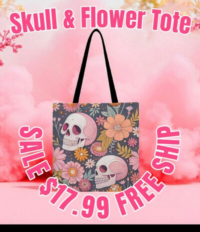Pink Skulls & Floral Garden Cloth Tote Bag | Day of the Dead Style | Free Ship | SALE