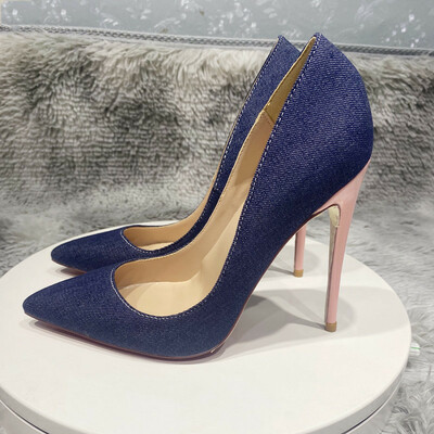 New denim stitching white heels pointed sexy slip-on shoes