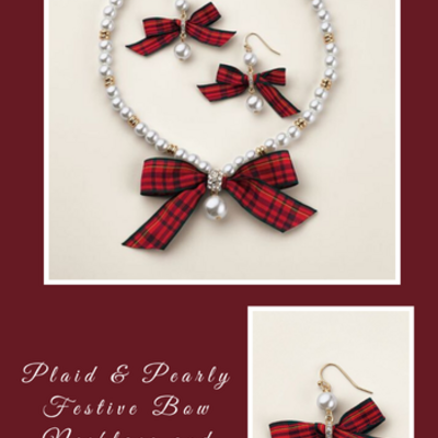 Plaid & pearly festive bow necklace and earring set - Thumbnail 4
