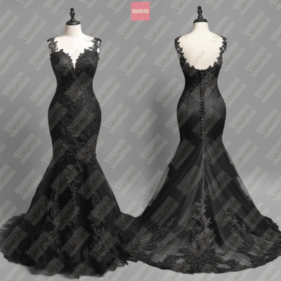 Black Tulle and Lace Applique Lace-up Back Formal Prom Wedding Formal Evening Dress Full Length Custom Hand Made W19-15.1