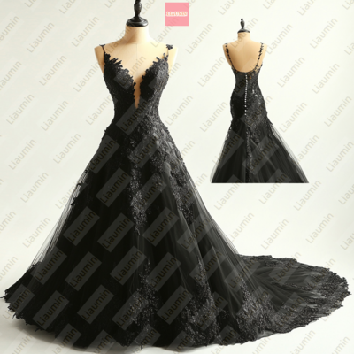 Black Tulle Lace Applique Lace-up Back Formal Prom Wedding Formal Evening Dress Full Length Custom Hand Made W19-15.4