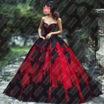 Red Tulle and Black Lace Applique Formal Prom Wedding Formal Evening Dress Custom W19-16.8