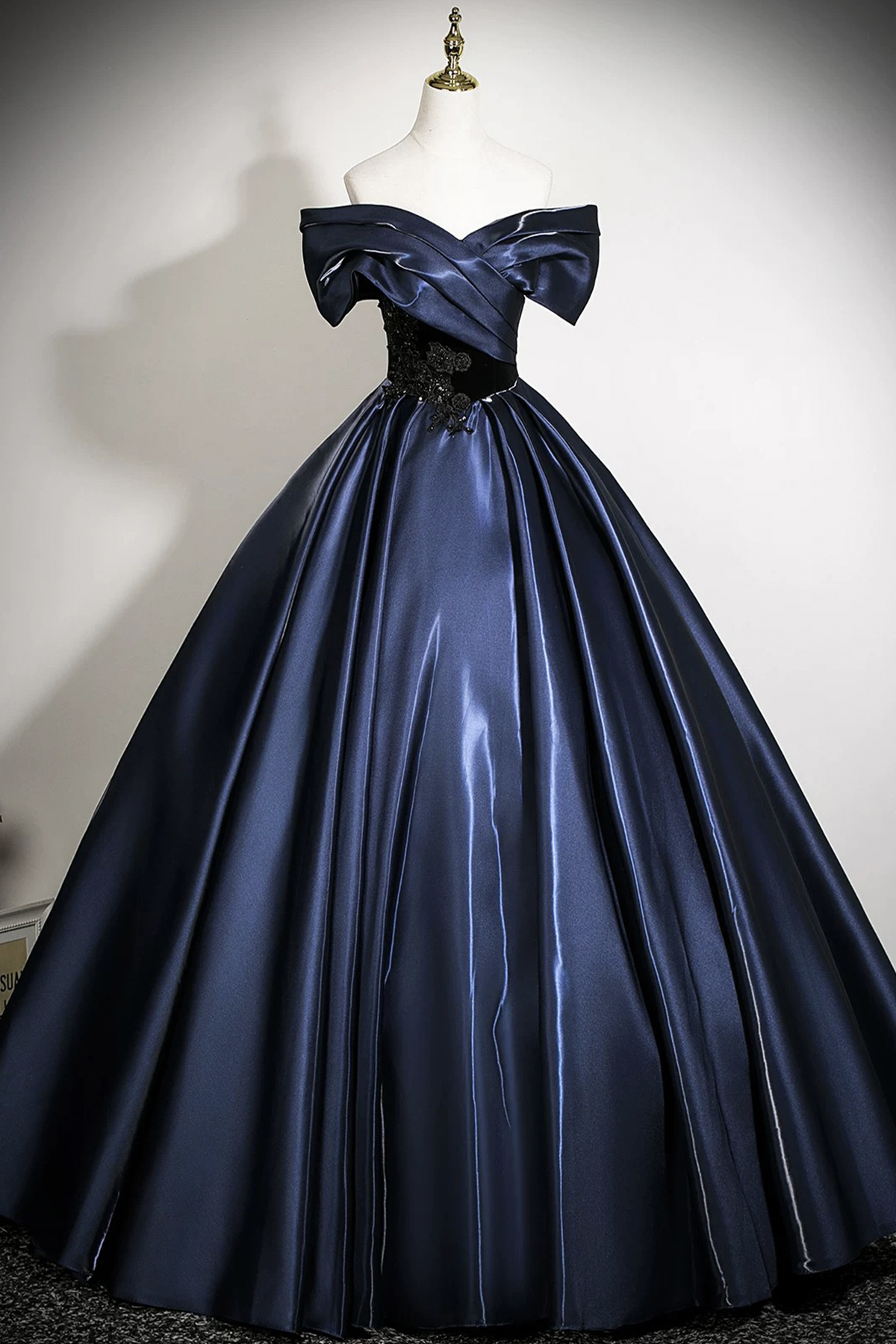 Navy Satin Lace Long A-Line Prom Party Dress