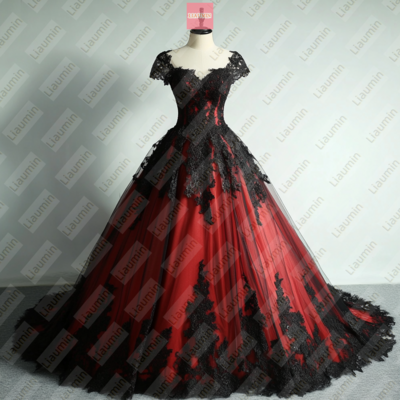 Red Tulle and Black Lace Applique Formal Prom Wedding Formal Evening Dress Custom W19-17.5