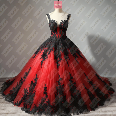 Red Tulle and Black Lace Applique Formal Prom Wedding Formal Evening Dress Custom W19-18.3