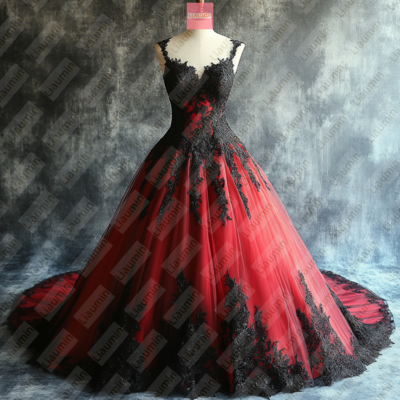 Red Tulle and Black Lace Applique Formal Prom Wedding Formal Evening Dress Custom W19-18.5