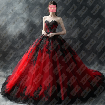 Red Tulle and Black Lace Applique Formal Prom Wedding Formal Evening Dress Custom W19-19.1