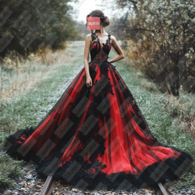 Red Tulle and Black Lace Applique Formal Prom Wedding Formal Evening Dress Custom W19-19.2