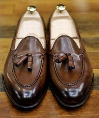 Men’s Brown Leather Tassel Loafers Handmade Italian Style Slip On Dress Shoes