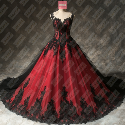 Red Tulle and Black Lace Applique Formal Prom Wedding Formal Evening Dress Custom W19-19.4