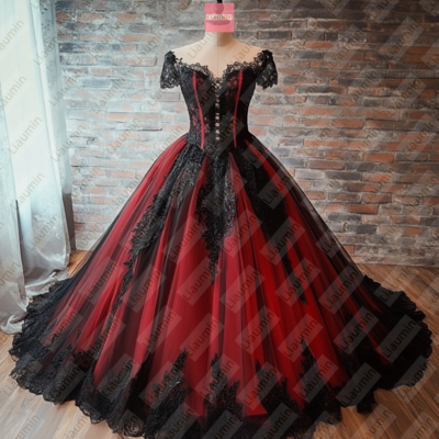 Red Tulle and Black Lace Applique Formal Prom Wedding Formal Evening Dress Custom W19-19.5
