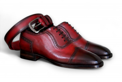 Crafted Leather Men Burgundy Leather Wingtip Oxford Lace up Dress Shoes With Matching Belt