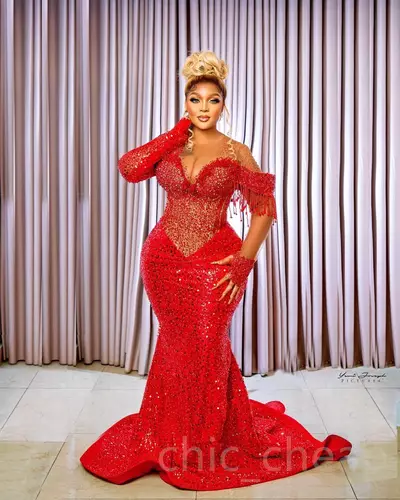 Arabic Aso Ebi Red Mermaid Prom Dresses Beadings Crystals Evening Formal Party Second Reception Birthday Engagement Gowns