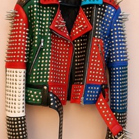 Crafted Leather New Handmade Women's Comfortable Multi Color Studded Brando Metal Spiked Leather Round Studs Jacket - Thumbnail 1