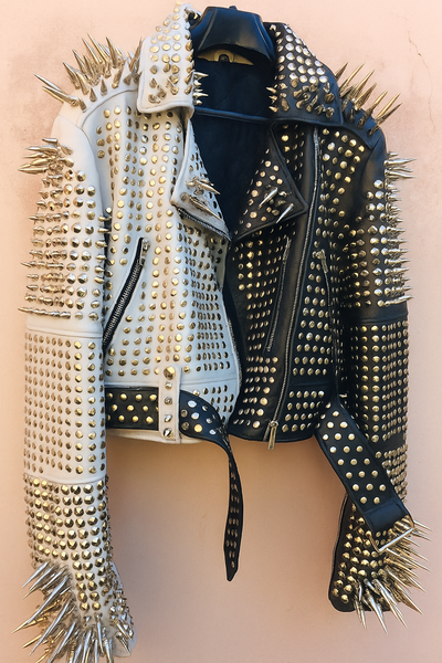 Crafted Leather New Handmade Women's Comfortable Black White Studded Brando Metal Spiked Leather Round Studs Jacket