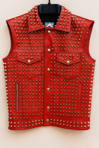 Crafted Leather Men Red Studded Jacket Punk Style Stylish Leather Vest