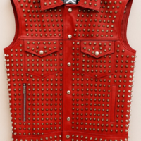 Crafted Leather Men Red Studded Jacket Punk Style Stylish Leather Vest  - Thumbnail 1