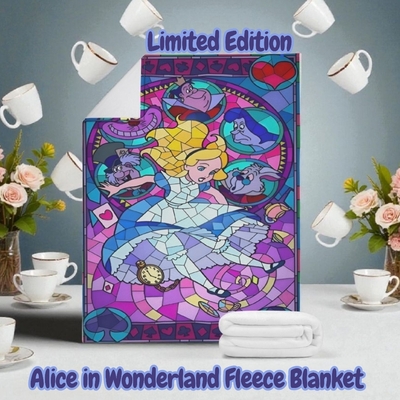 Limited Edition Alice in Wonderland Stained Glass Blanket - Premium Fleece Throw |Cathedral Art |Cheshire Cat Collector Blanket | Free Ship
