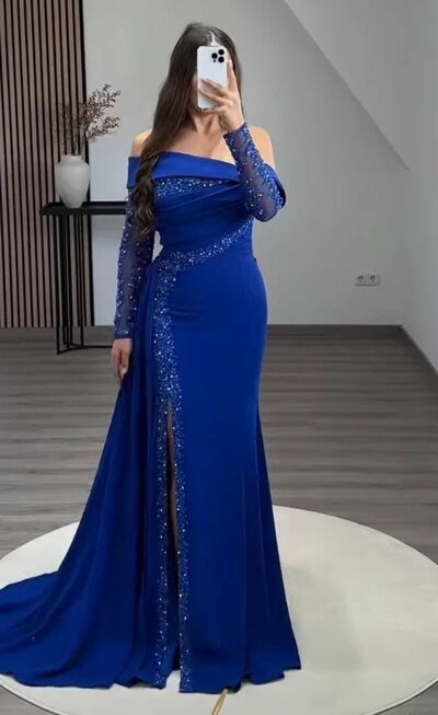 Royal Blue Sheath Beading Crystals Prom Dress Evening Formal Gown Birthday Party Dress