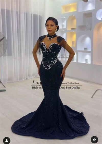 Black Mermaid Beading Crystal African Girls Prom Dress Evening Formal Gown Birthday Party Dress