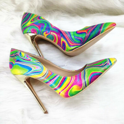 Pointed colorful graffiti 12cm high heel women's shoes