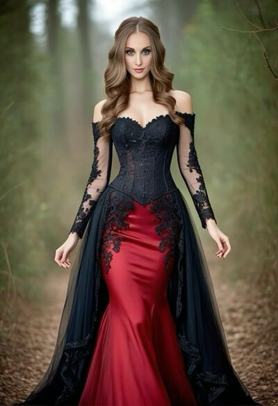 Gothic Red and Black Ball Gown Lace Prom Dresses Evening Formal Gown Birthday Party Dress