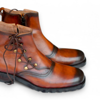 Crafted Leather Classic Men Handmade Two Tone Brown Leather Ankle High Zigzag Style Side Zipper Boot - Thumbnail 1