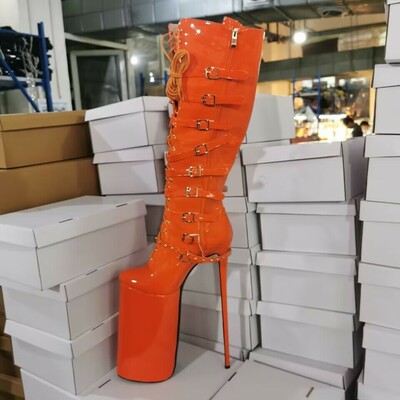 Round Toe Stiletto Heels Ankle Highs Lace Up Side Zipper Buckle Straps Booties - Orange Patent by Sexy Shoes