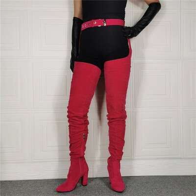 Suede Ruched Chunky Heel Thigh High Sexy Rihanna Belted Suspender Boots