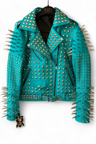 Crafted Leather New Handmade Women's Punk Full Long Spiked Studded Brando Cyan Color Adorable Leather Jacket
