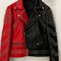 Crafted Leather New Women Punk Black Red Silver Studded Brando Biker Leather Jacket - Thumbnail 1