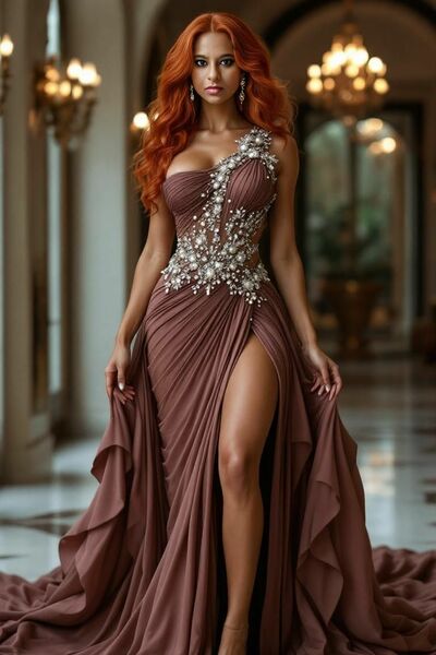 Brown Mermaid Beading Crytals Prom Dress Evening Formal Gown Birthday Party Gown