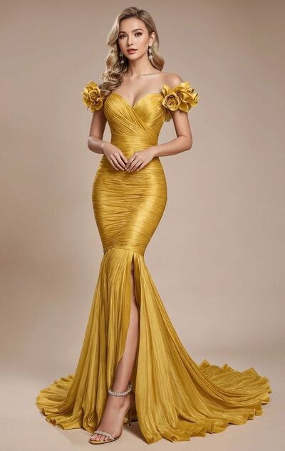 Yellow Mermaid Off the Shoulder Handmade Flowers Prom Dress Evening Formal Gown Birthday Party Gown