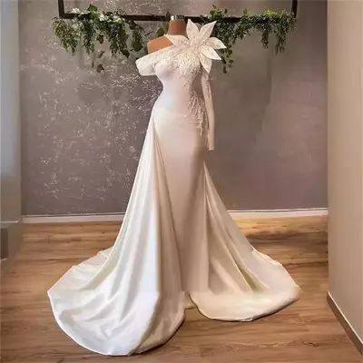 Mermaid Wedding Dress for African Brides Sexy Slim-Fit Beaded Big Flower Bridal Gown with Detachable Train robe de mariee Satin Boho Wedding dress