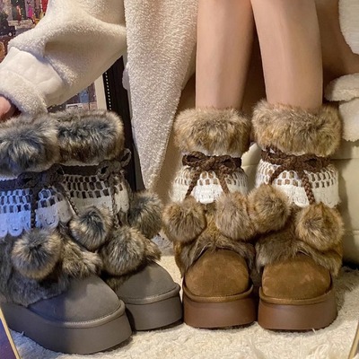 Retro Ethnic Snow Boots With Pom-pom Balls