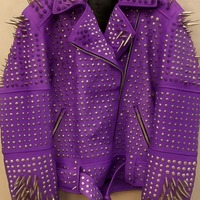 Crafted Leather Women Classy Purple Gothic Emo Style Leather Studded Jacket with Silver Studs and Spikes - Thumbnail 1