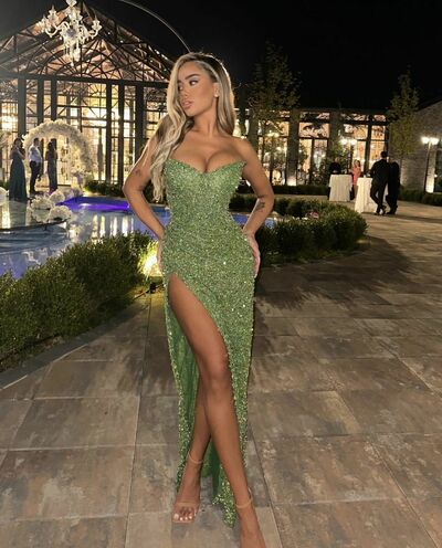 Sexy Green Sequins Lace Side Slit Prom Dress Evening Formal Gown Birthday Party Dress
