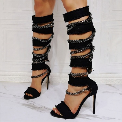 High Heels Sexy Knee High Boots Party Evening Sandals Comfort Shoes-Black