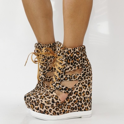 Summer Side Cut-out Leopard Short Boots Woman Wedge Heel Platform Lace Up Ankle Boots Gladiator High Top Sneaker Bottines