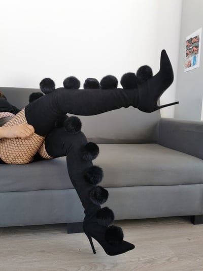 Women Pom Pom Over The Knee Boots Stretch Suede Boots Sexy Pointy Toe Slip On Ladies High Heel Boots