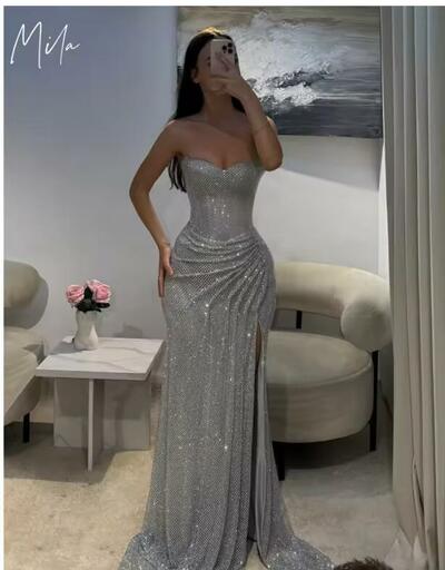 Strapless Mermaid Prom Dresses 2025 Sleeveless Sequins Evening Dresses Elegant Side High Split Customized Party Dresses