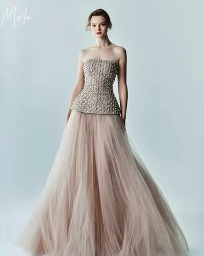Strapless A-Line Prom Dresses 2025 Sleeveless Tulle Two-Piece Evening Dresses Floor-Length Diamond Customized Party Dresses