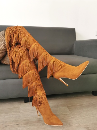Fashion Multi-layered Fringe Over The Knee Boots Brown Suede Stretch Fabric Pointed Toe Zipper Winter Tall Boots