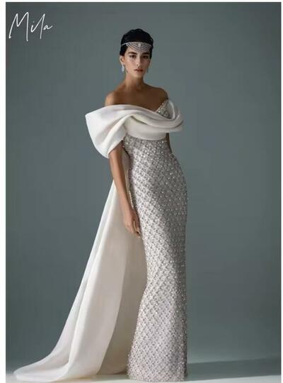 White Off Shoulder Prom Dress Mermaid Short Sleeves Customized Luxurious Women Evening Dresses Shawl