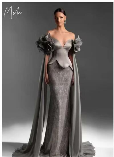 Off Shoulder Customized Gray Evening Dresses Chic Mermaid Prom Dress 2025 Glitter Floor-Length Wedding Party Formal Gowns