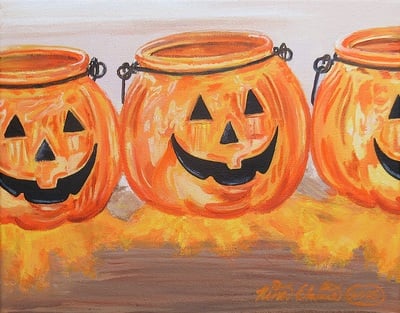 Jack-o'-lantern Jars, Original acrylic painting by N.E.Thompson, Artwork size 8x10 inches