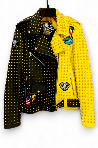 Crafted Leather New Classic Punk Style Yellow/Black Studded Leather Jacket