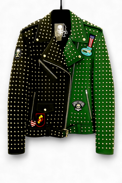 Crafted Leather New Classic Punk Style Green/Black Studded Leather Jacket